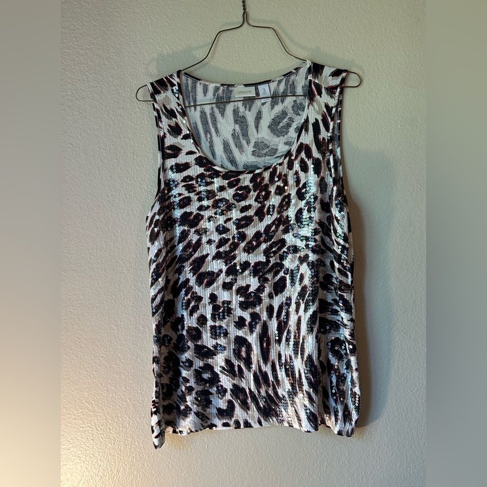 NWOT - Chico's Sequin Leopard Animal Print Knit Tank Top - Size 3 (XL / 16)